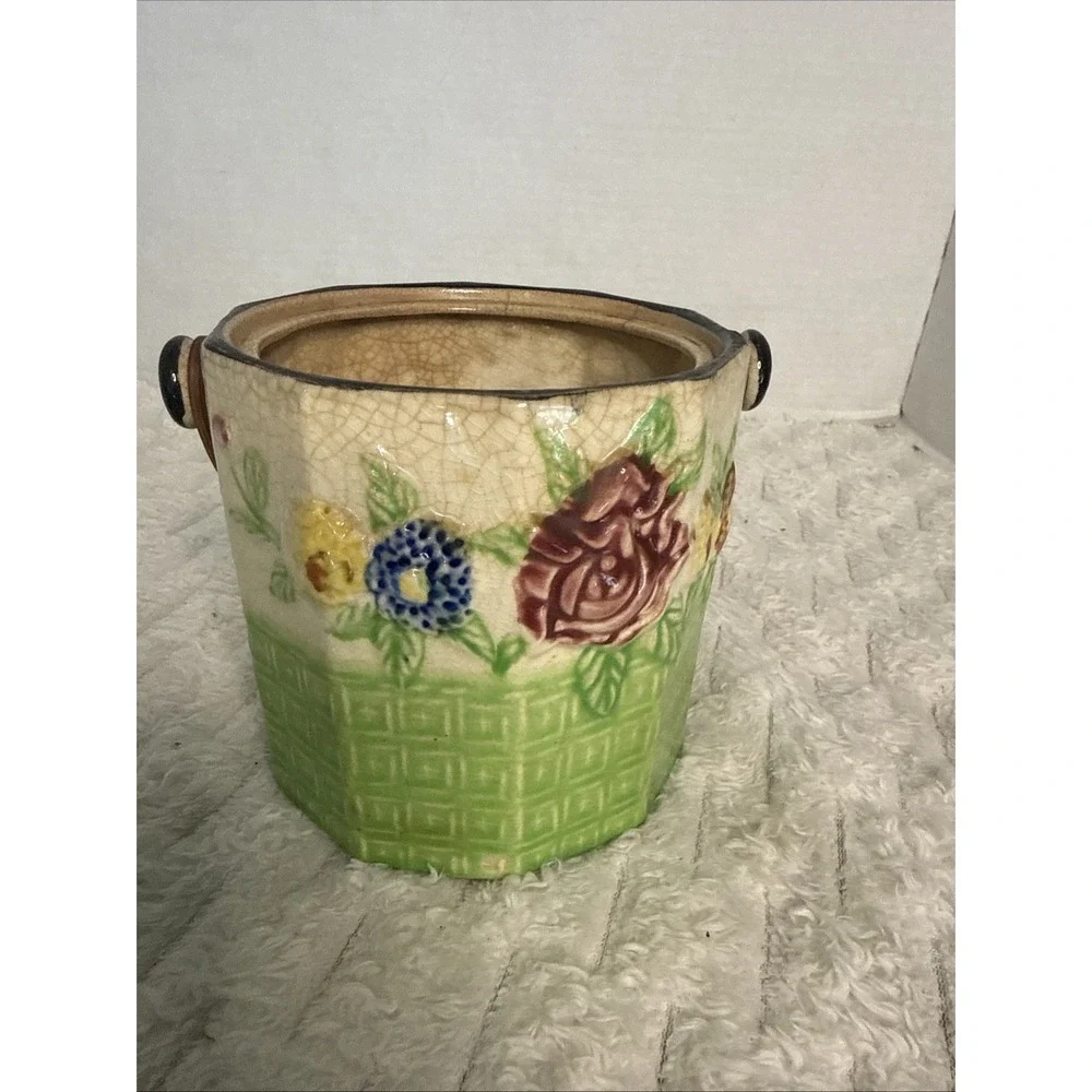 Vintage Handpainted Ceramic Cracker Biscuit Jar Rattan Basketweave Cottagecore